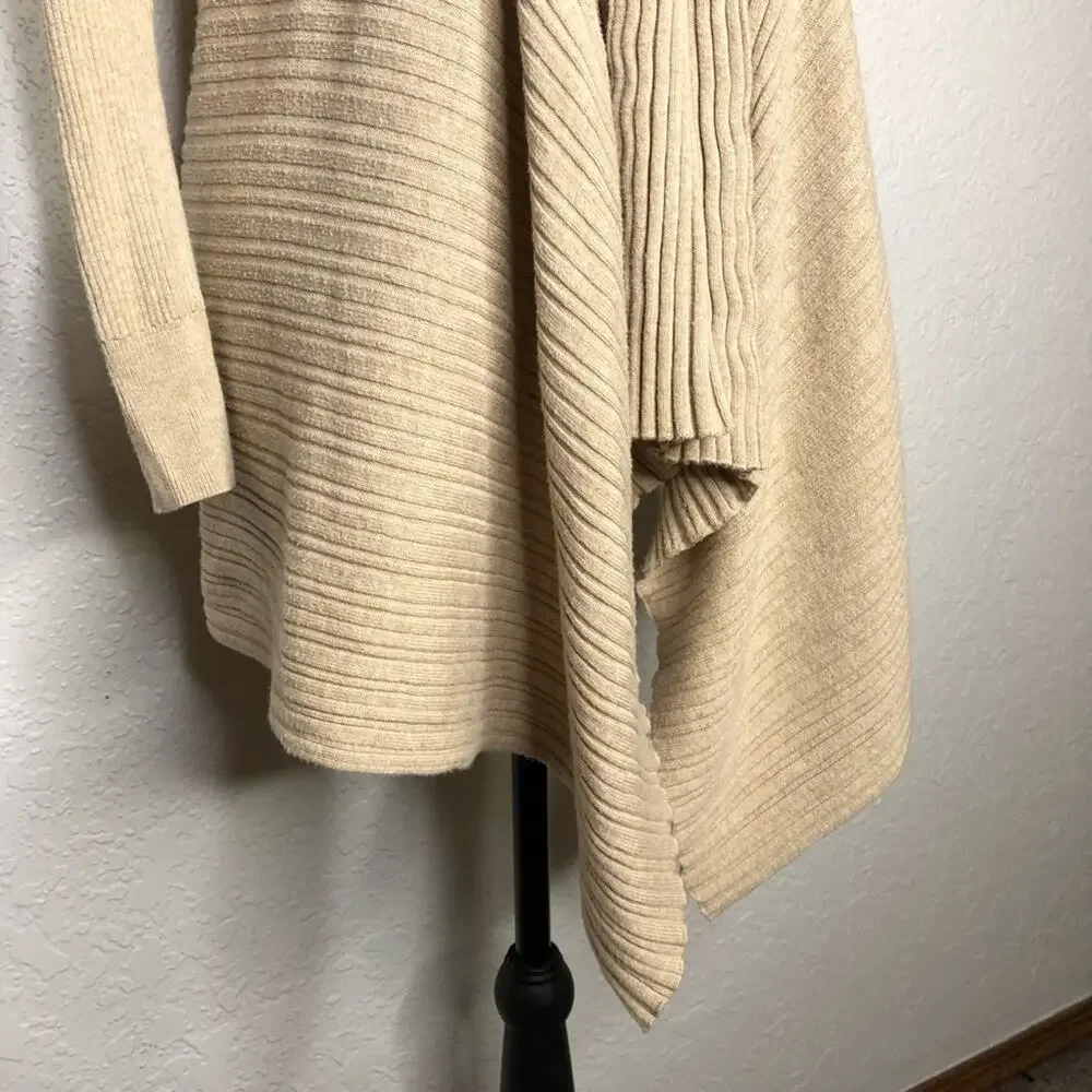 WHBM tan mixed ribbed knit open draped water fall cardigan size Medium